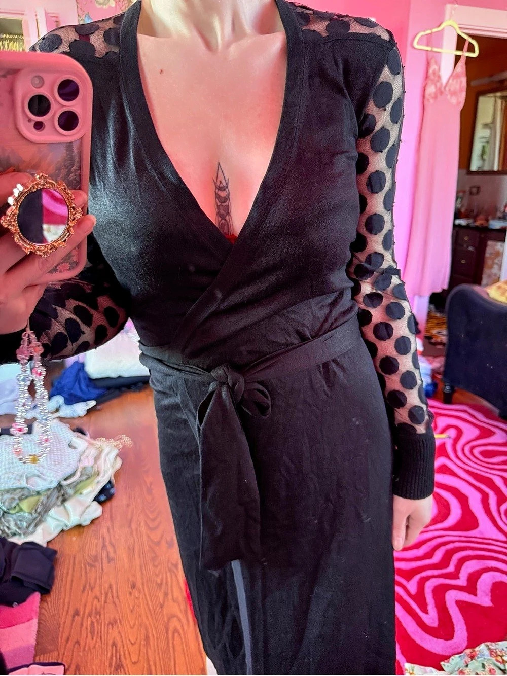 Diane von Furstenberg DVF Black Silk Polka Dot Wrap Dress S